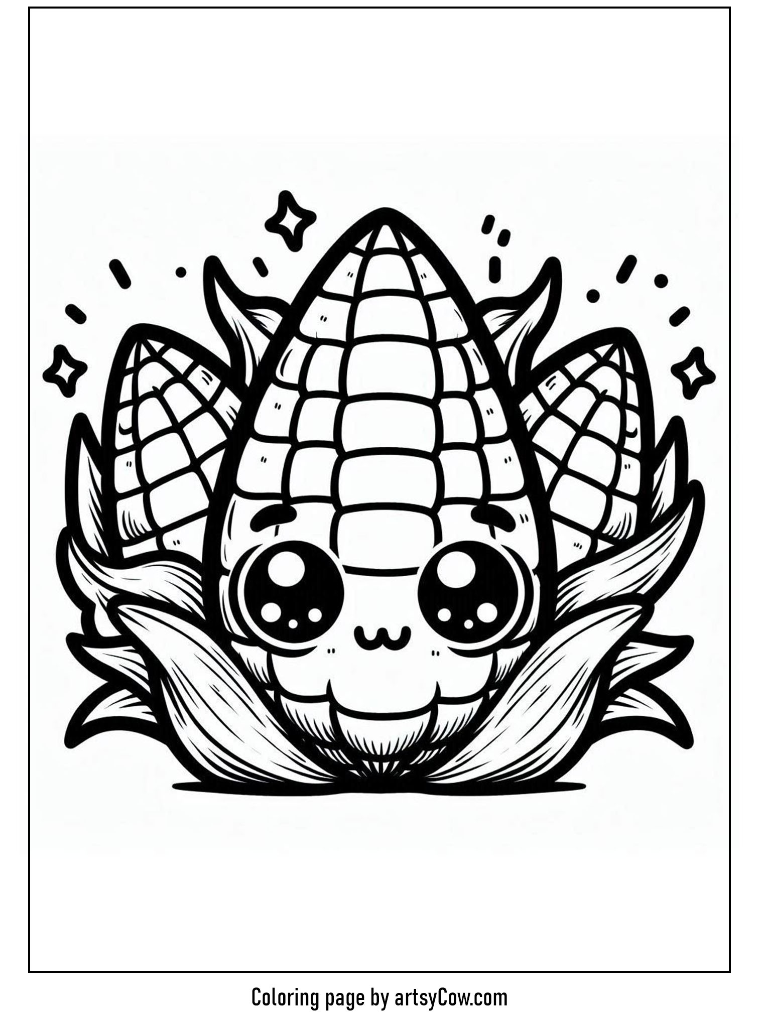 Easy thanksgiving coloring pages for kids featuring a cute corn stalk with a smiling face and decorative stars around it.
